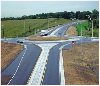 A rural single-lane roundabout.