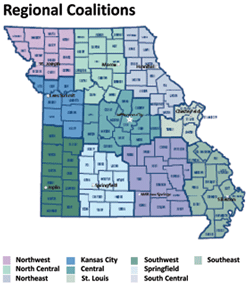 Map - Map showing Missouri’s counties within each of 10 regional coalitions.