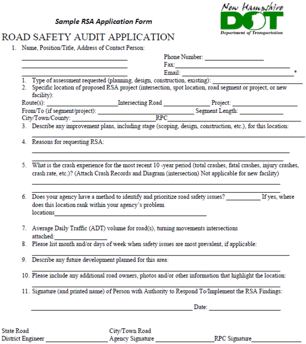 Image. RSA application. Image showing a sample form to apply for a Road Safety Audit with the New Hampshire DOT. It includes fields for the person applying and their information, the type of assessment being requested, and the location and traffic information for the place being audited.