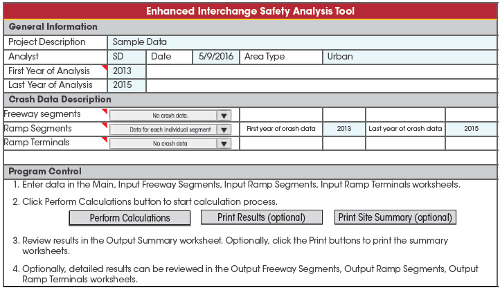 The Enhanced Interchange Safety Analysis Tool requres the user to input general information about the project and the study year, descriptions of crash data, and notes on program control that enable the user to opt to perform calculations, print results, or print the site summary.
