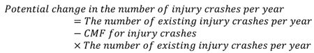 Equations showing the potential change in the number of injury crashes per year is calculated as a function of the number of existing injury crashes per year and the crash modification factor value.