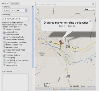Figure 3.1 is a screenshot of SeeClickFix, a web-based mapping tool used to collect information from the public and stakeholders regarding safety concerns in the region.