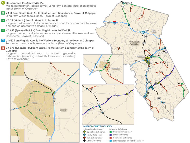 Figure 3.4 shows a map of Fauquier County showing dots to depict which intersections in the region have safety deficiencies.