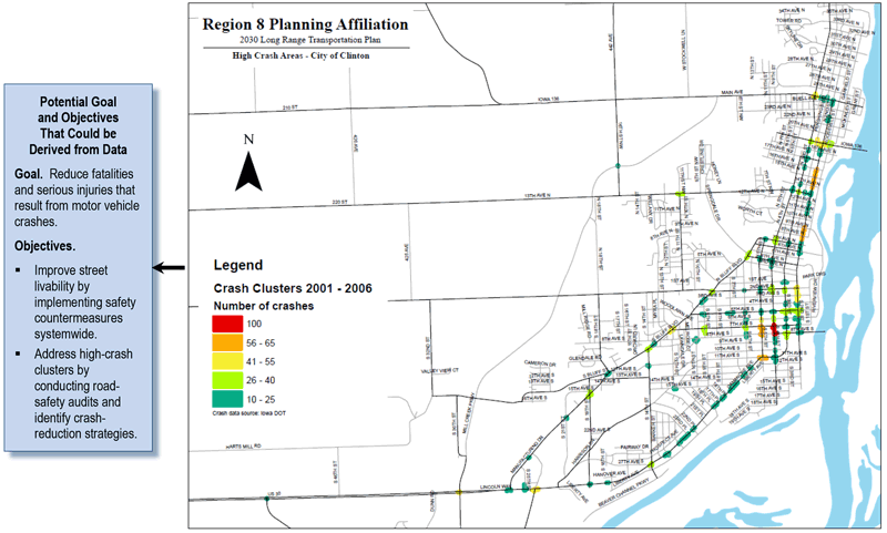 Figure 3.8 shows a crash density map for the City of Clinton, which is a jurisdiction in the East Central Intergovernmental Association planning area.