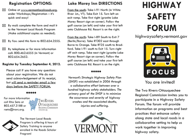 Figure A.1a shows the front of a registration flyer for a Regional Highway Safety Forum hosted by the Two Rivers-Ottauquechee Regional Planning Commission in Vermont.