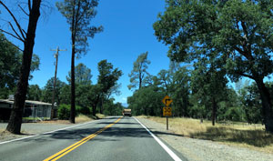 This is a photo of a two-lane rural road with a 30 miles per hour curve warning sign.