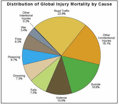 Distribution of Global Injury Mortality by Cause (Pie Chart): Road traffic - 22.6%, Other Unintentional Injuries - 18.1%, Suicide - 16.9%, Violence - 10.8%, Falls - 7.5%, Drowning - 7.3%, Poisoning - 6.7%, Fires - 6.2%, War - 3.4%, Other Intentional Injuries - 0.2%