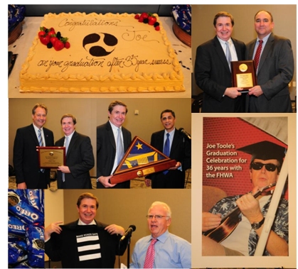 Collage of images from Joe Toole's retirement party, including a photo of the cake, and Joe receiving a t-shirt, plaques, and other gifts. There is also a Photoshopped photo of Joe wearing a Hawaiian shirt, playing a ukulele, and wearing a graduation cap.