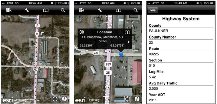 Series of screenshots from Arkansas' ArcGIS software application for smart phones.