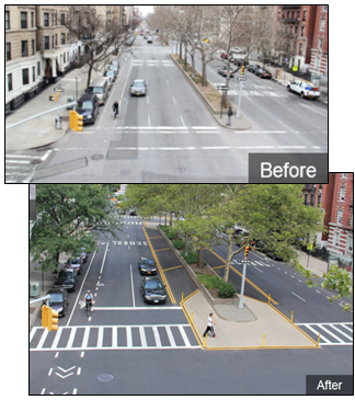 Before and after photos. A five-lane roadway reduced to four lanes in New York City provided improved pedestrian safety through the addition of a pedestrian refuge island and greater width for bicycle lanes.
