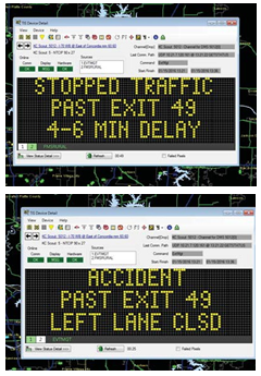 Screen captures of traveler information warning messages about delays ahead generated for posting on dynamic message signs.