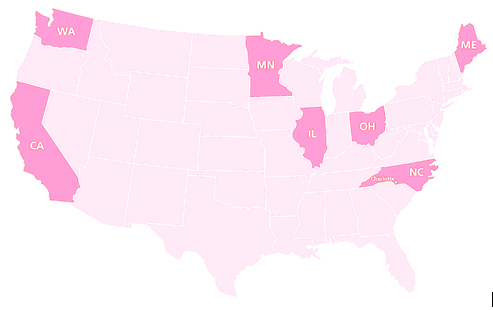 Map of the United States with the seven HSIS states (California, Illinois, Ohio, Maine, Minnesota, North Carolina, Washington) and single urban center (Charlotte, NC) highlighted.