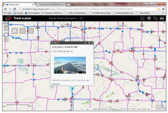 Screen capture of Iowa's "Track A Plow" website, which allows supervisors to view the roadway from onboard cameras, giving them a view of road conditions in real-time.