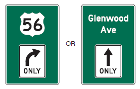 Figure 34. An image showing two options for the Combination Lane Use/Destination Guide (MUTCD D15-1) sign. The image on the left shows a green sign with a black and white 'US-56' shield above a modified R3-5 'right turn only' symbol. The image on the right shows a green sign with the text 'Glenwood Ave' in white above a modified R3-5a 'straight ahead only' symbol.