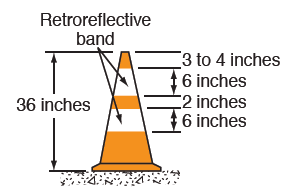 Figure 66. An image of a work zone traffic cone.  The cone is orange and 36 inches tall.  Three to four inches down from the top of the cone is a white retroreflective band that is 6 inches tall.  Two inches below that band is a second white retroreflective band that is 6 inches tall.