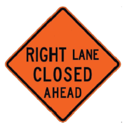 Figure 67. An image of an orange work zone sign with the message 'RIGHT LANE CLOSED AHEAD' in black letters.  The words 'RIGHT' and 'CLOSED' have a larger letter height than the other words.