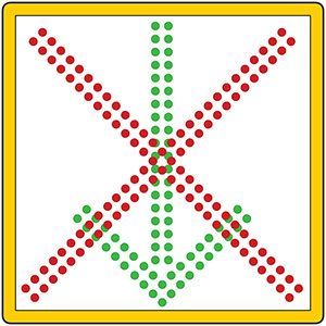 Figure 55. An image of a lane control signal showing the layout of LEDs to display a red 'X' and a green downward arrow.
