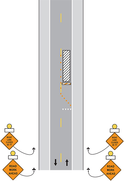 Figure 63. An image of a work zone lane closure on a two-lane two-way highway that shows the placement of static signs on both sides of the roadway upstream of the lane closure.  The image shows a 'ROAD WORK AHEAD' sign followed by a 'RIGHT LANE CLOSED XX FT' sign on both sides of the roadway for drivers approaching the closed lane.  Each sign has a yellow beacon above it.