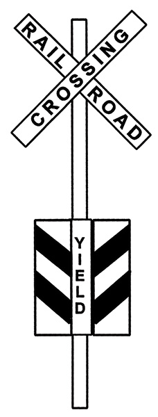 Figure 96. An schematic black-and-white drawing of a traditional railroad crossbuck sign with a supplemental sign below it.  The supplemental sign is a rectangular sign with three sections.  The center section reads 'YIELD' vertically, and the left and right sections have diagonal lines going up from the center of the sign.