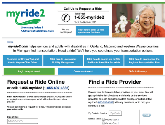 Image shows the myride2 homepage with links to resources and information about requesting a ride and finding a ride provider