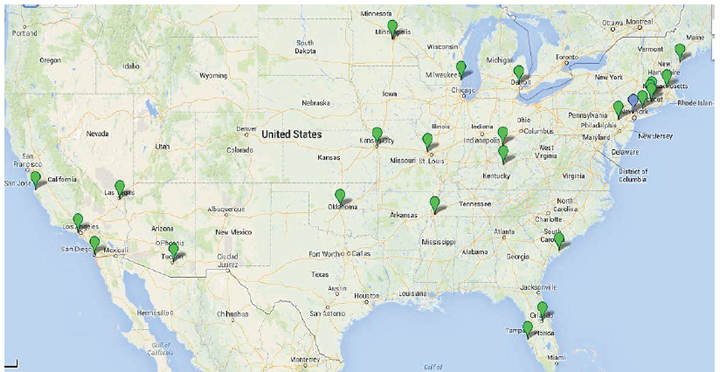 Image shows the location of ITNAmerica Affiliate sites across the continental United States
