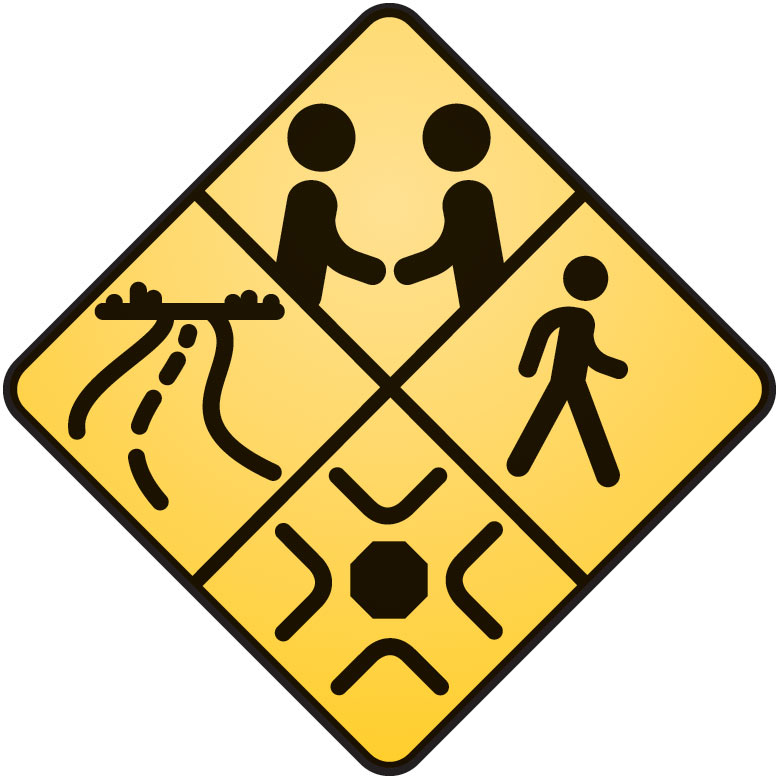 Caution sign divided into four sections: a stick figure paging through a document, a stick figure pedestrian, a traffic light in the center of an intersection, and a stick figure in a car's driver's seat