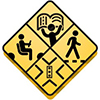 Caution sign divided into four sections: a stick figure paging through a document, a stick figure pedestrian, a traffic light in the center of an intersection, and a stick figure in a car's driver's seat