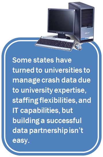 Image that consists of a photograph of a desktop computer, monitor, and keyboard with the following words under it: 'Some states have turned to universities to manage crash data due to university expertise, staffing flexibilities, and IT capabilities, but building a successful data partnership isn't easy.'