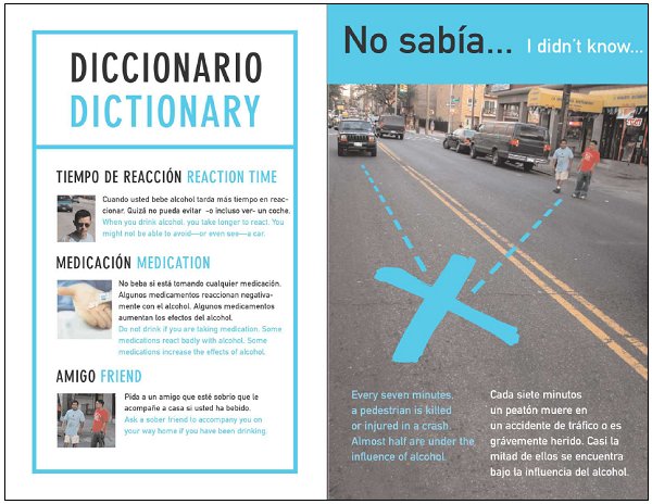 Photo on the right depicts two young Hispanic males crossing the street diagonally, a car approaching on the far side, dotted lines representing the paths of the pedestrians and the driver, and a large X showing where a crash could occur.  The title reads 'No sabía / I didn't know...' and a bilingual fact is printed over the photo. To the left is a  box titled 'dictionary' containing the words 'reaction time', 'medication', and 'friend' with brief bilingual explanations of each word.