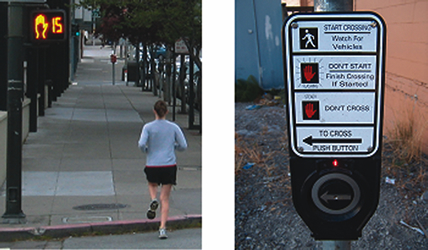 Since most intersections near transit stops and stations are used frequently by pedestrians, traffic signals should always provide adequate crossing time for pedestrians. Pedestrian countdown signals (left photo) show the amount of time pedestrians have to complete crossing the roadway. Pedestrian push-buttons (right photo) should be installed at locations with pedestrianactivated signals.