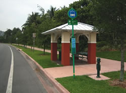 This bus stop includes an attractive pole with route and schedule information. It also includes a shelter, bench, trash can, bicycle rack, and has excellent access to the local sidewalk network.