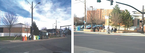 Chagrin Blvd and Lee Road in Shaker Heights, Ohio before (left) and after (right) implementation of the Transit Waiting Environments program. Improvements included: formal and informal seating, more visible crosswalks, wider sidewalks, ADA compliant curb ramps and removal of clutter.