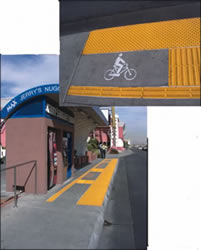 Bus stops may benefit by having seperated marked areas for bicyclists to wait for the bus.