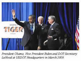 President Obama, Vice President Biden and DOT Secretary LaHood at USDOT Headquarters in March 2009.