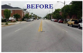 Before photo of a roadway with four lanes (two in each direction).