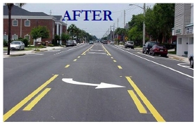 After photos of a roadway that has been modified from four lanes (two in each direction) down to three, with one wide lane traveling in each direction and one center two-way left turn.