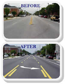 Photos: Before picture of road without a protected left lane; after picutre of same road with protected left lane