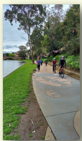 Photo of bicyclists and pedestrians using a multi-use path. 
