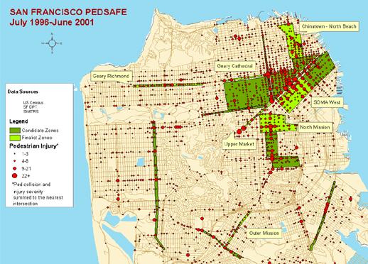 San Francisco Pedestrian Injury Locations and PedSafe Zones