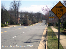 A roadway in the before configuration featuring two wide through lanes divided by a center double yellow line. Source: Randy Dittberner, VDOT