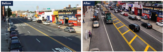 Two photos depicting a roadway before installation of a road diet and after installation. In the before condition, the roadway contains two through lanes in each direction separated by a yellow line and a parallel parking area on each side of the roadway. In the after condition, The roadway contains one through lane in each direction and a center median area created by yellow pavement markings to separate the traffic in each direction. Two wide parallel parking lanes on each side of the roadway have also been marked.