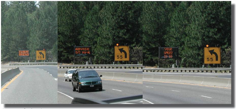 Photo.  Actually a series of 3 photos showing the progression of a dynamic warning sign on a curve.  A horizontal alignment (curve) sign with a 55 MPH advisory speed limit and flashing beacons precedes the dynamic sign.  In the first photo, the sign reads curve ahead.  In the second it says Advise 55 MPH.  The final sign reads, YOUR SPEED IS 60.
