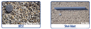 Two side-by-side photos, the first a closeup of an HFST aggregate surface with a quarter placed on it for perspective and to highlight the texture, the second of a one foot-long shot blast surface with a quarter on it depicting a rippled texture. Both photos source: FHWA