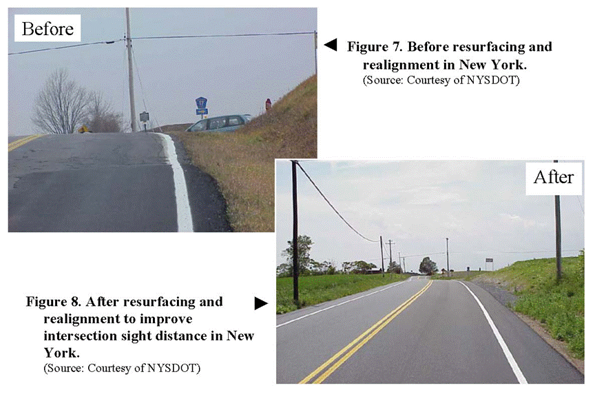 Figures 7 and 8. Before and after photographs of resurfacing and realigning a New York roadway to improve sight distance.