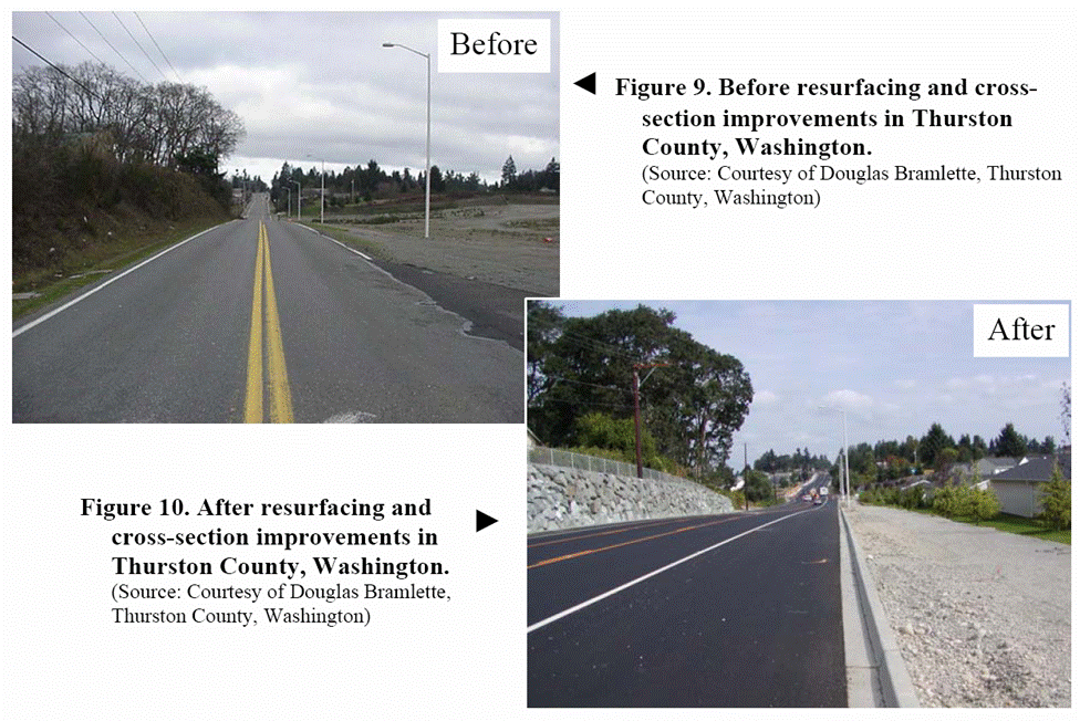 Figures 9 and 10. Before and after photographs of a resurfacing project that also included cross-section improvements in Thurston County, Washington.