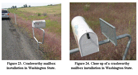 Figures 23 and 24. Close-up and distance photographs of crashworthy mailbox on Washington State roadway.  