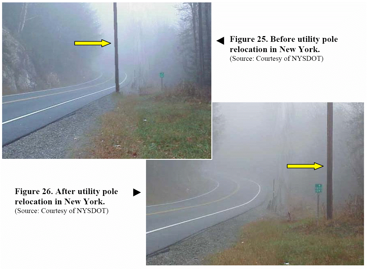 Figures 26 and 27. Photographs of New York road before and after relocating utility pole away from the pavement edge.