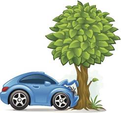 Graphic of a vehicle colliding head-on with a tree. 