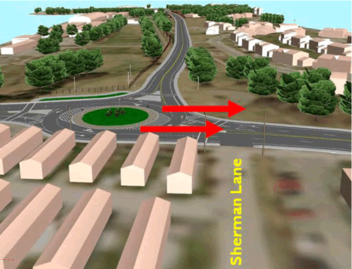 Figure 10: Image from model showing proximity of Sherman Lane to proposed roundabout