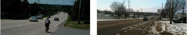 Figure 13: Recently implemented road diet on Coddington Hwy, Newport per RSA team recommendations (photo, left: August 2010; photo, right: January 2013)